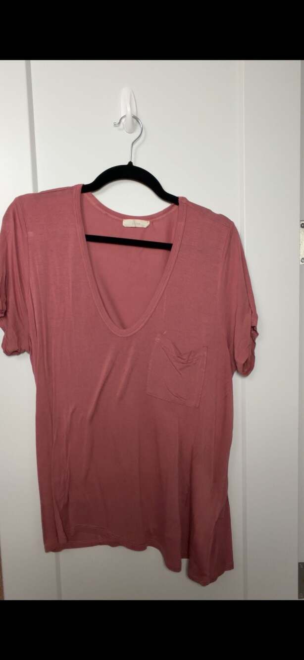 Lush Pink Mauve V-Neck Pocket T-Shirt Short Sleeve Top_A68